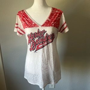 Harley Davidson White, Pink & Red V Neck Short Sleeve Shirt